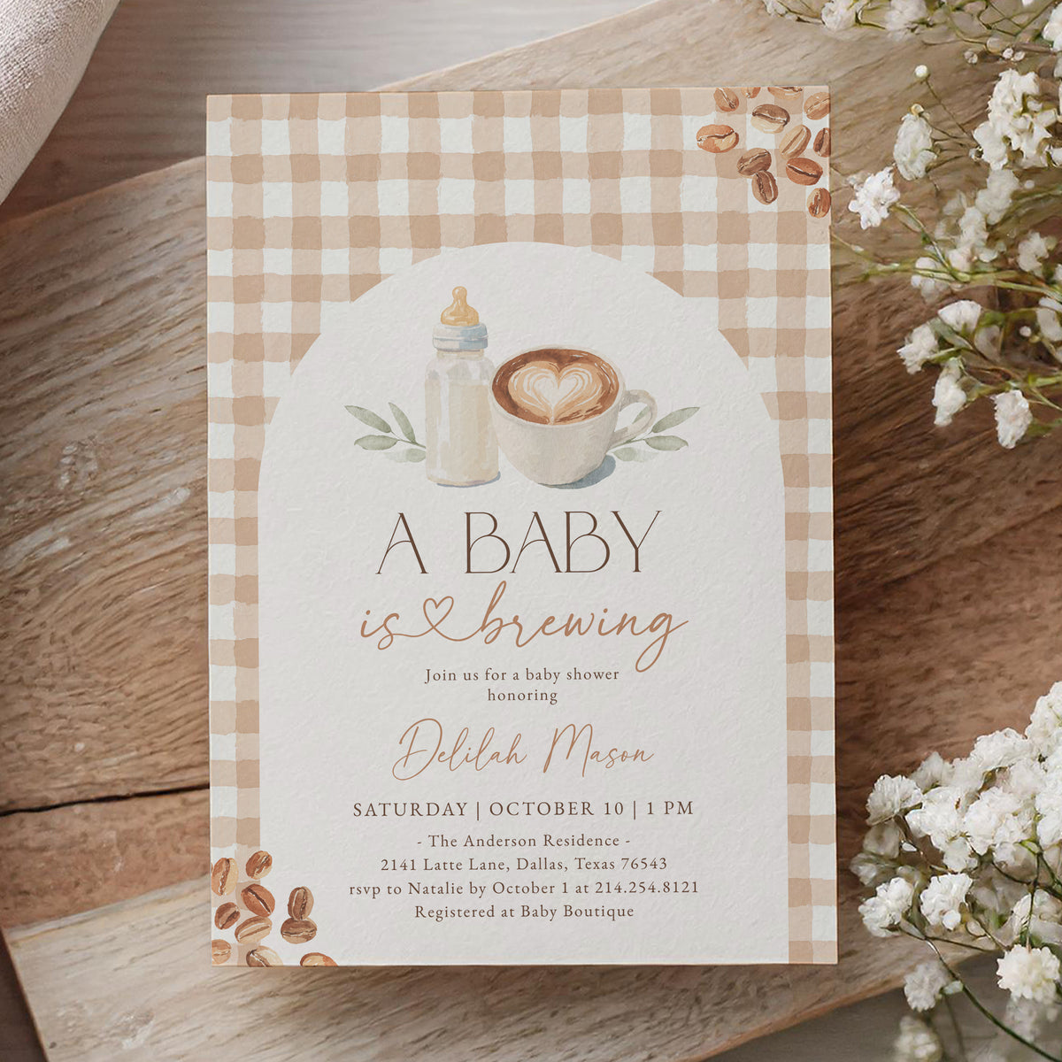 Gingham Coffee Baby Shower Invitation