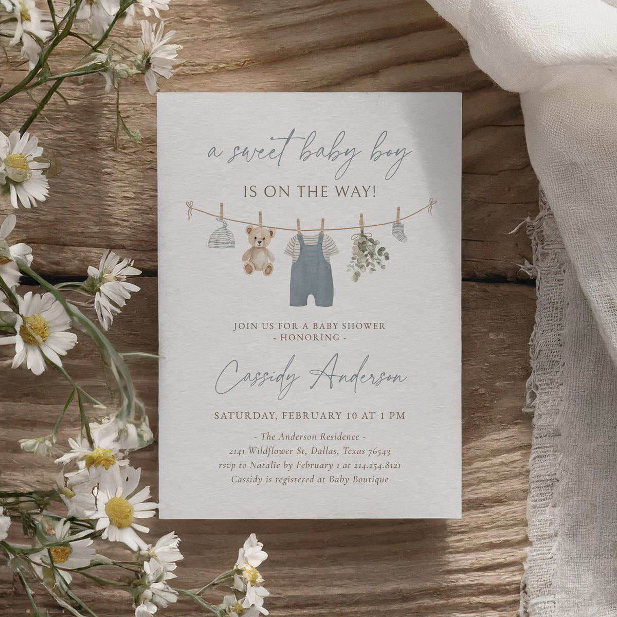 Blue Overalls Baby Shower Invitation