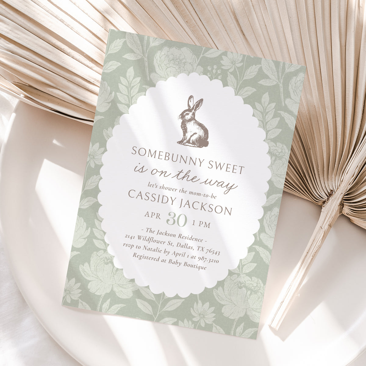 Sage Green Floral Bunny Baby Shower Invitation