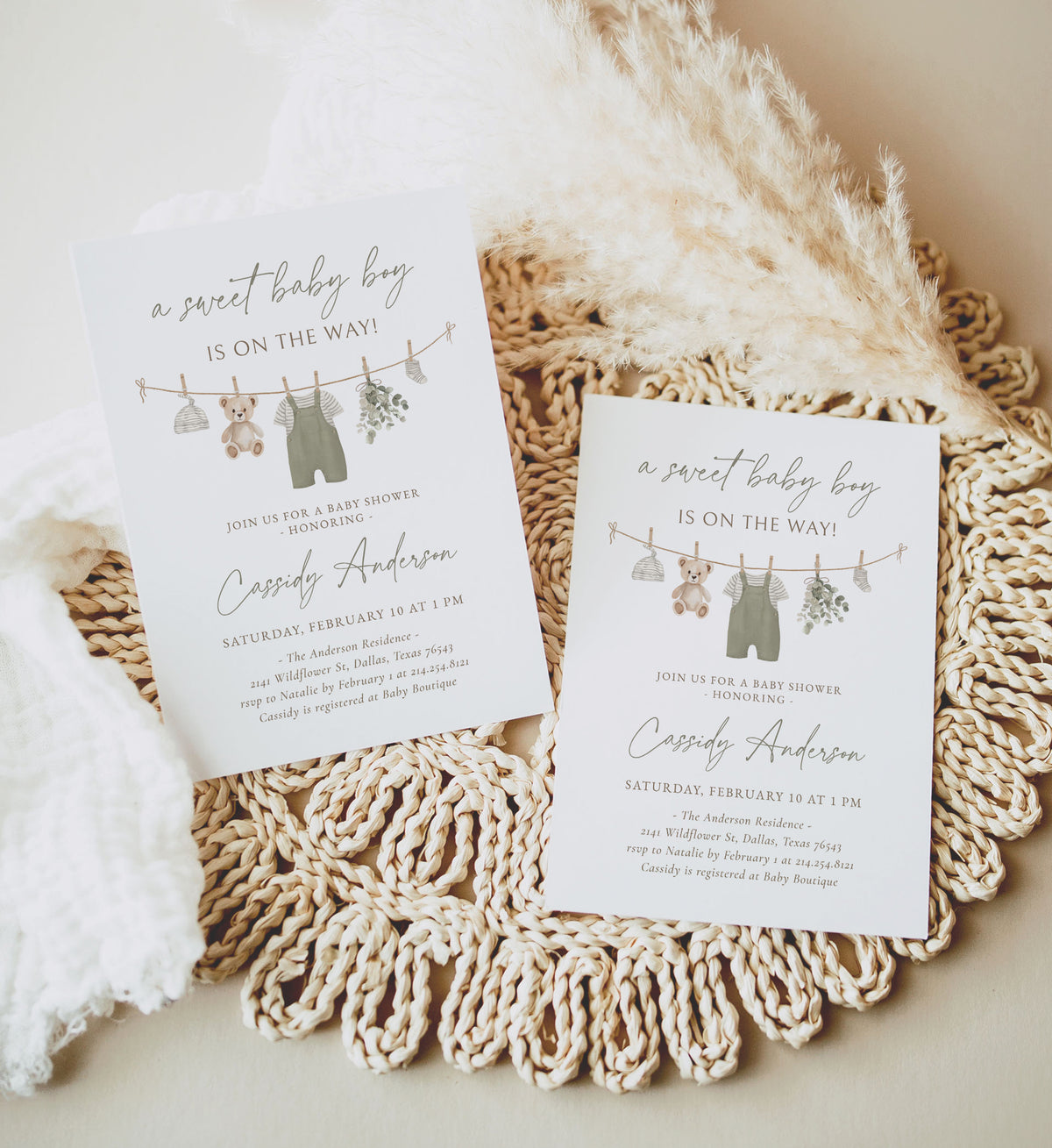 Sage Green Clothesline Baby Shower Invitation