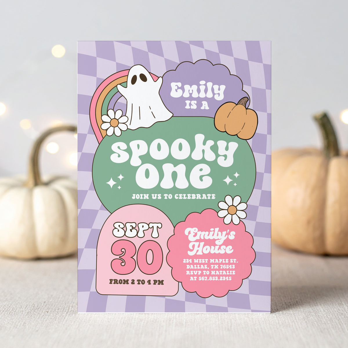 Purple Retro Checker Spooky One Halloween Birthday Invitation