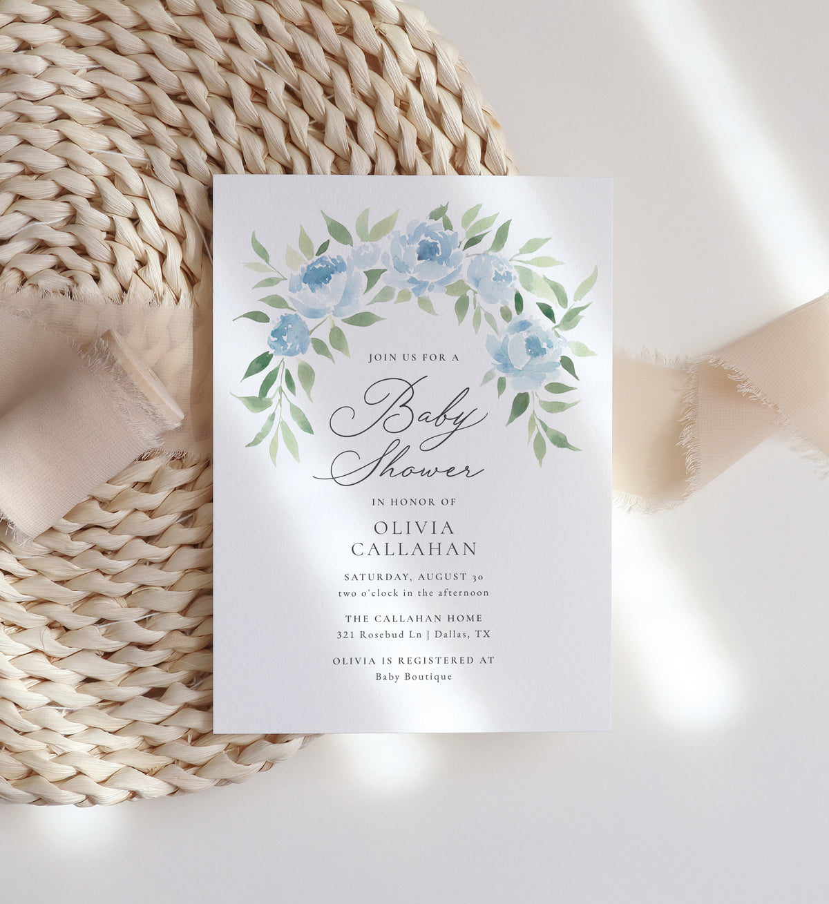 Blue Floral Arch Baby Shower Invitation