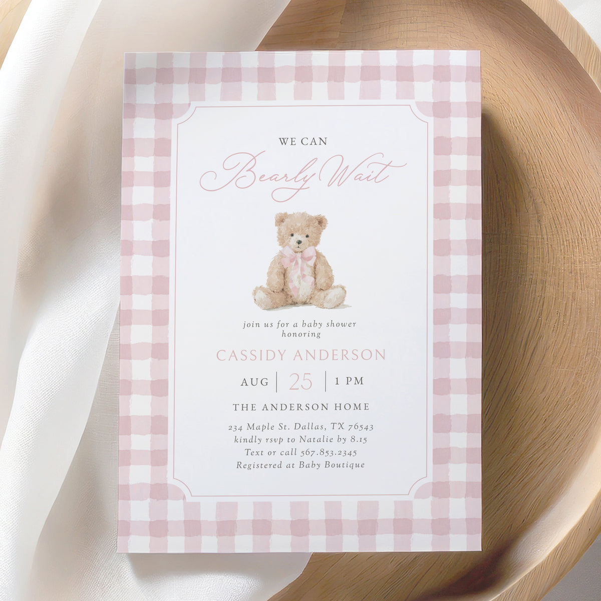 Pink Gingham Teddy Bear Baby Shower Invitation