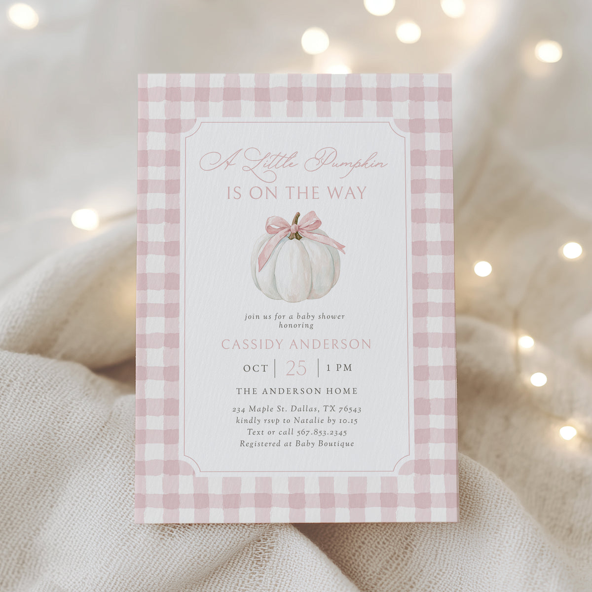 Pink Gingham Pumpkin Baby Shower Invitation