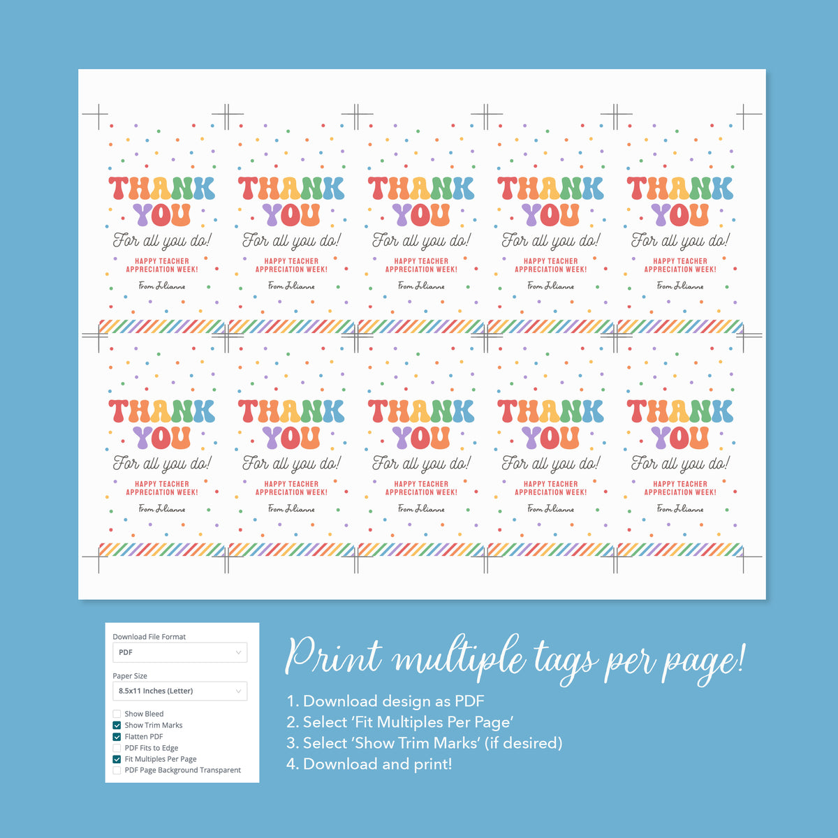 Rainbow Stripe Rectangle Teacher Appreciation Tag Template
