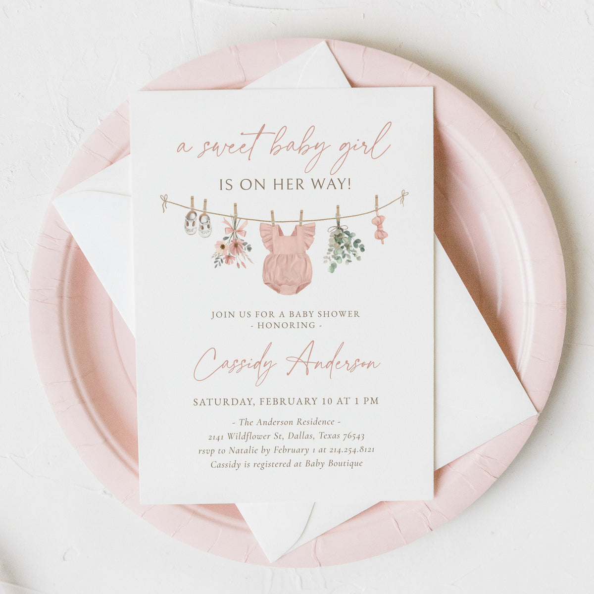 Pink Wildflower Clothesline Baby Shower Invitation