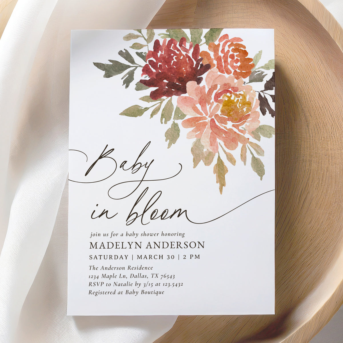 Baby In Bloom Fall Floral Baby Shower Invitation