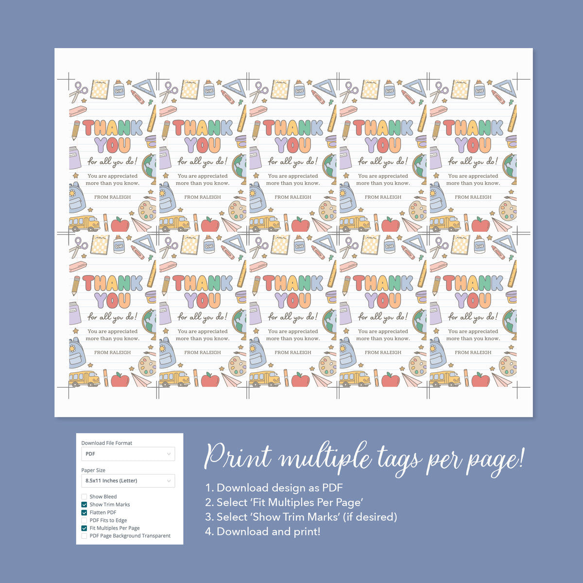 Retro School Supplies Teacher Appreciation Tag Template
