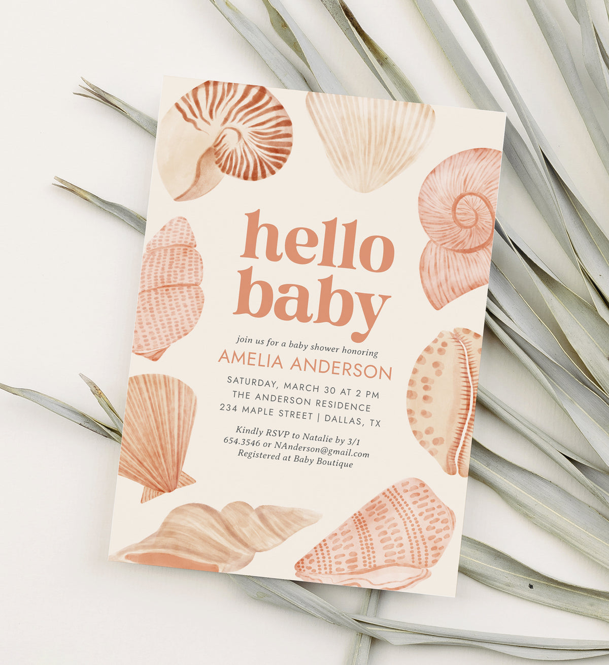 Hello Baby Sea Shell Baby Shower Invitation