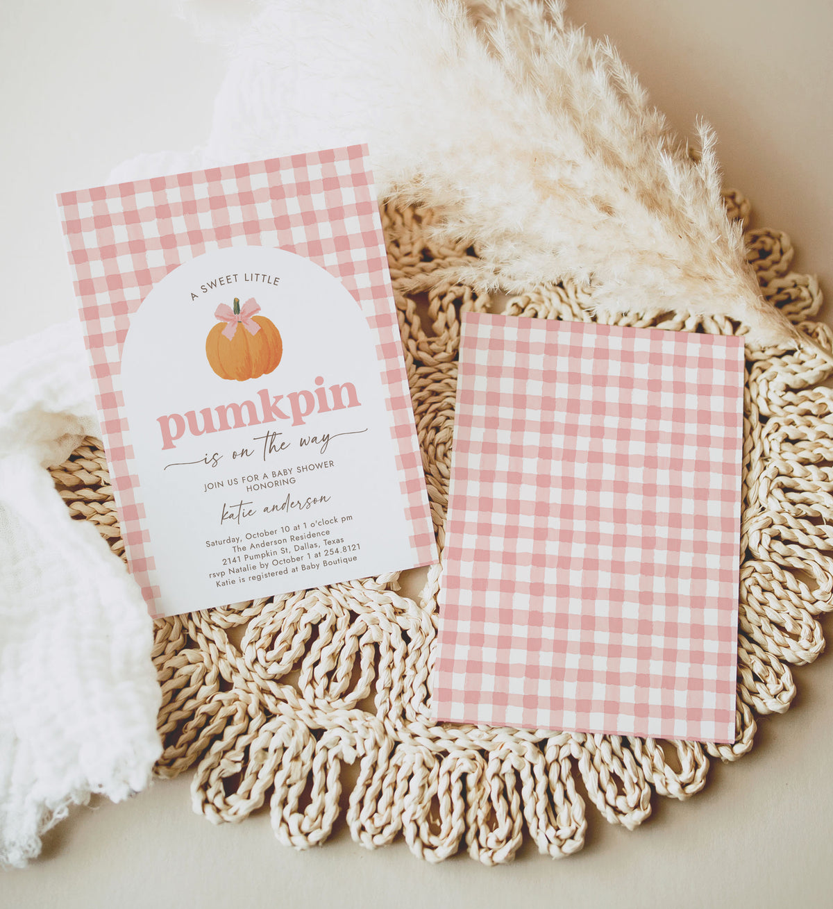 Pink Gingham Pumpkin Baby Shower Invitation