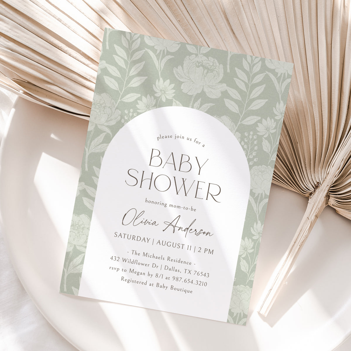 Sage Green Peony Baby Shower Invitation