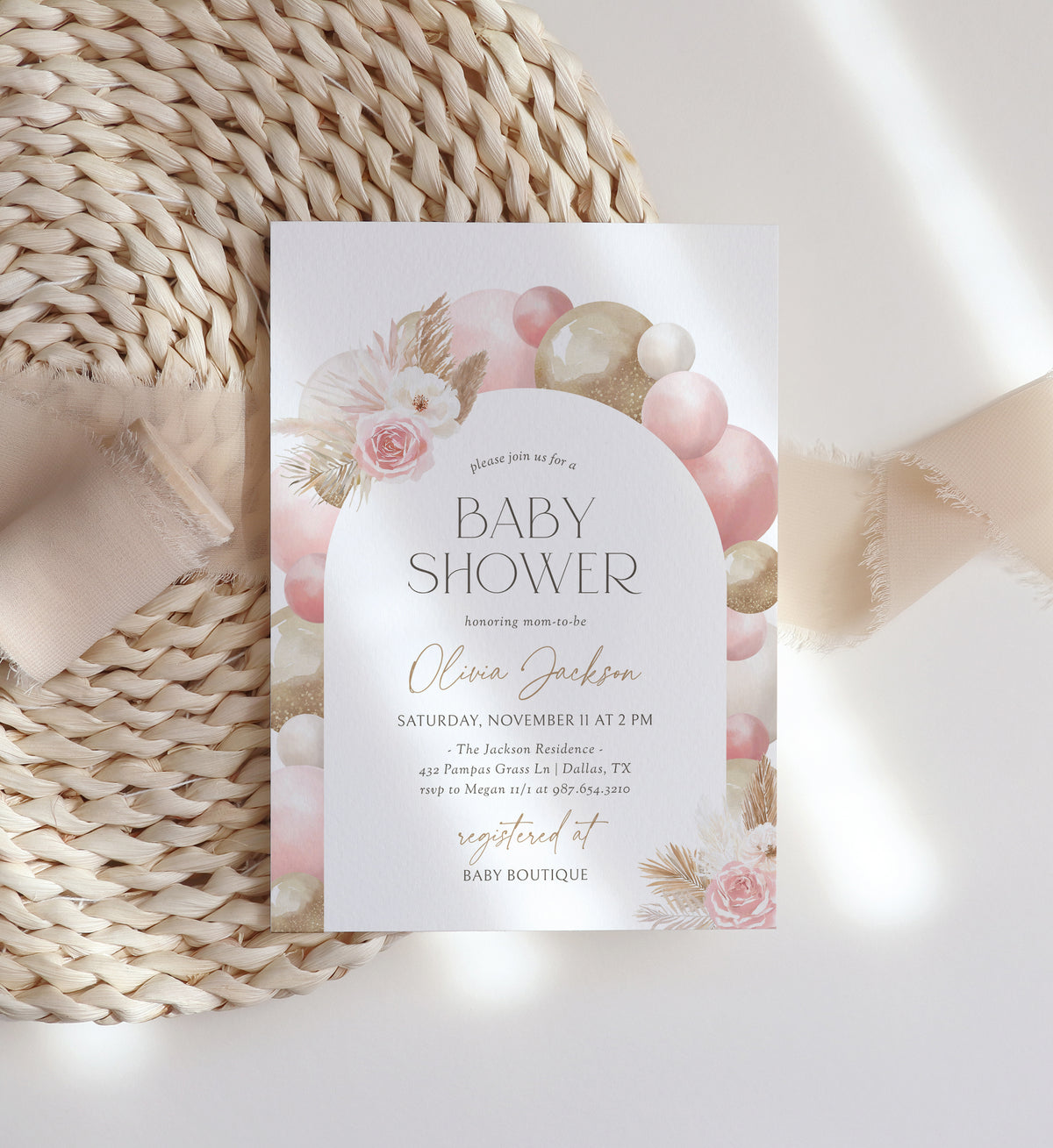 Pink Balloon Arch Baby Shower Invitation