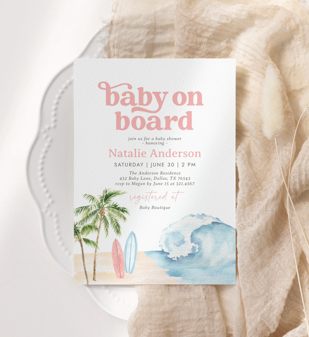 Baby on Board Pink Surf Baby Shower Invitation