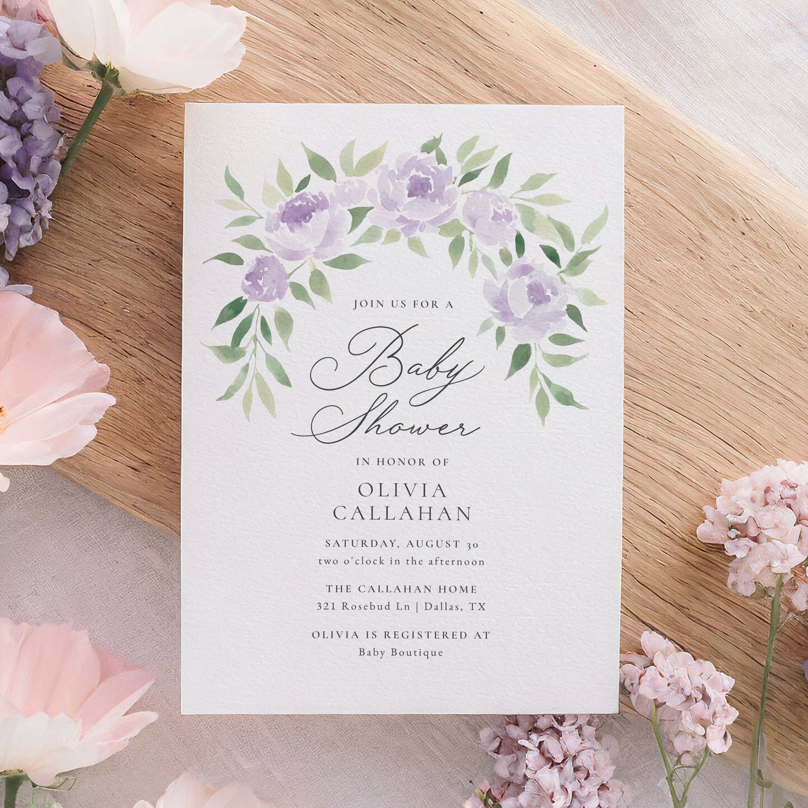 Purple Floral Arch Baby Shower Invitation