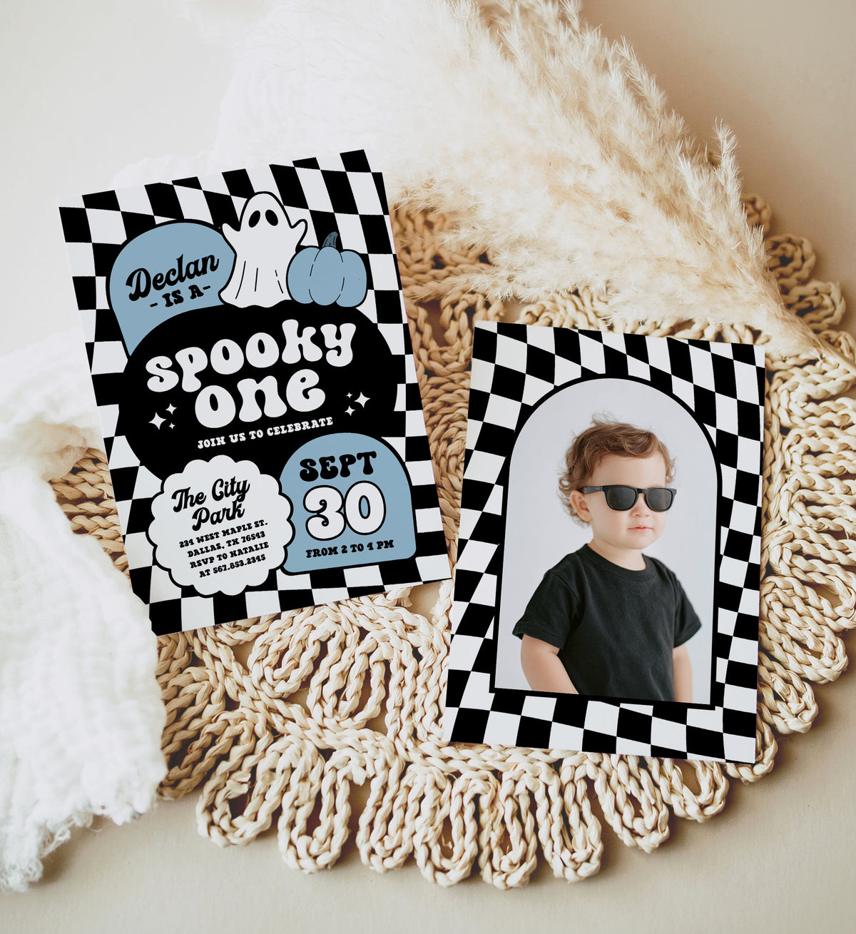 Blue Retro Checker Spooky One Halloween Birthday Invitation