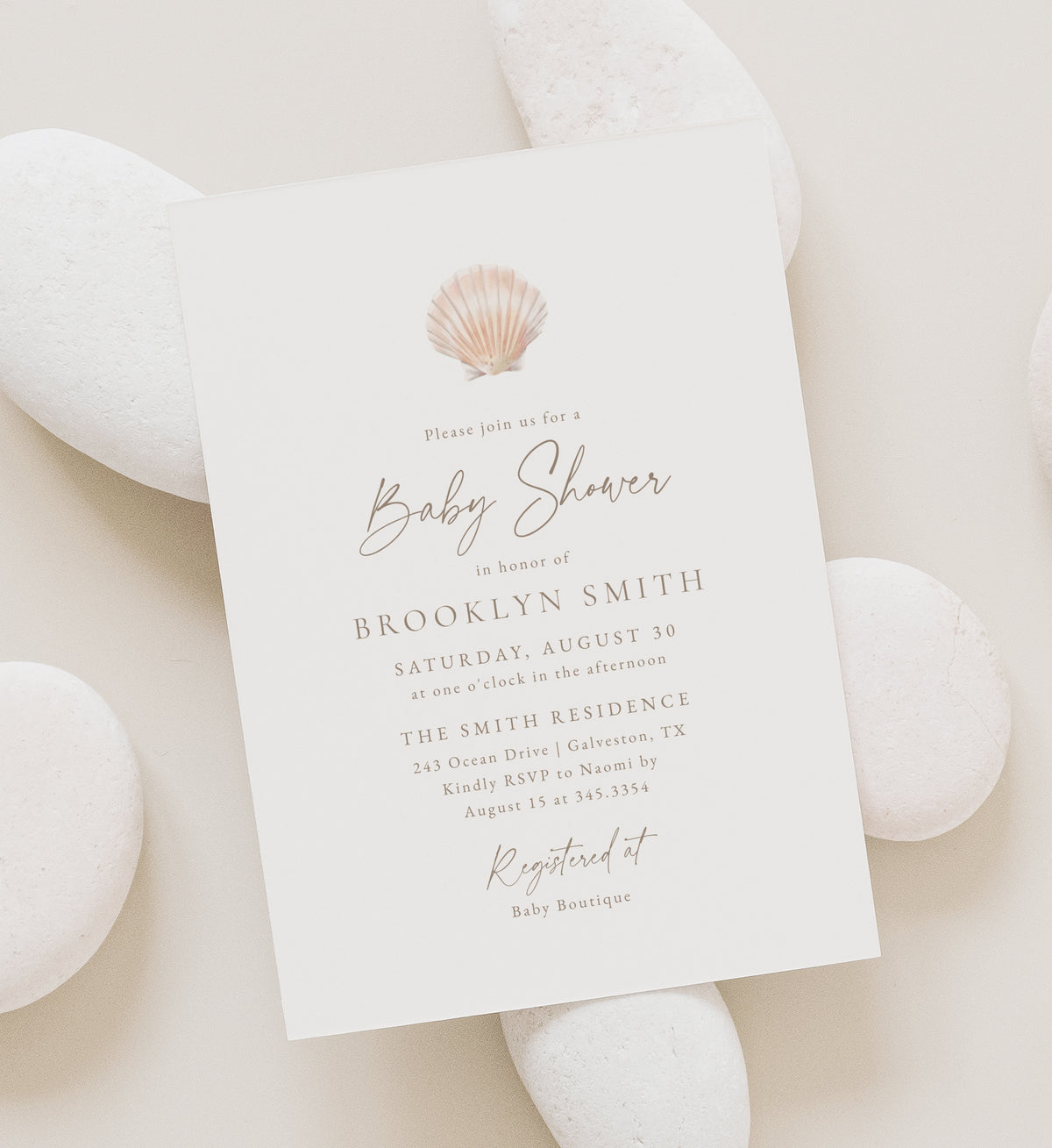 Minimalist Sea Shell Baby Shower Invitation