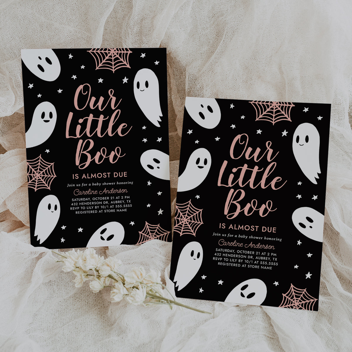 A Little Boo is Almost Due Baby Shower Invitation Template (Black &amp; Pink)