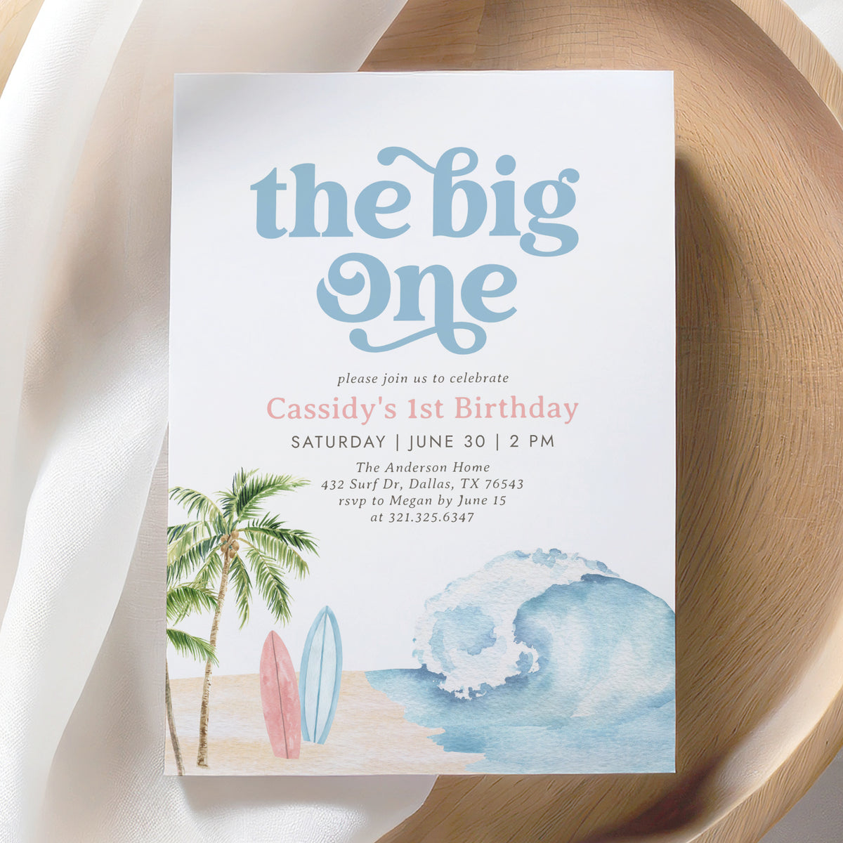 The Big One Pink Surf Birthday Invitation Template