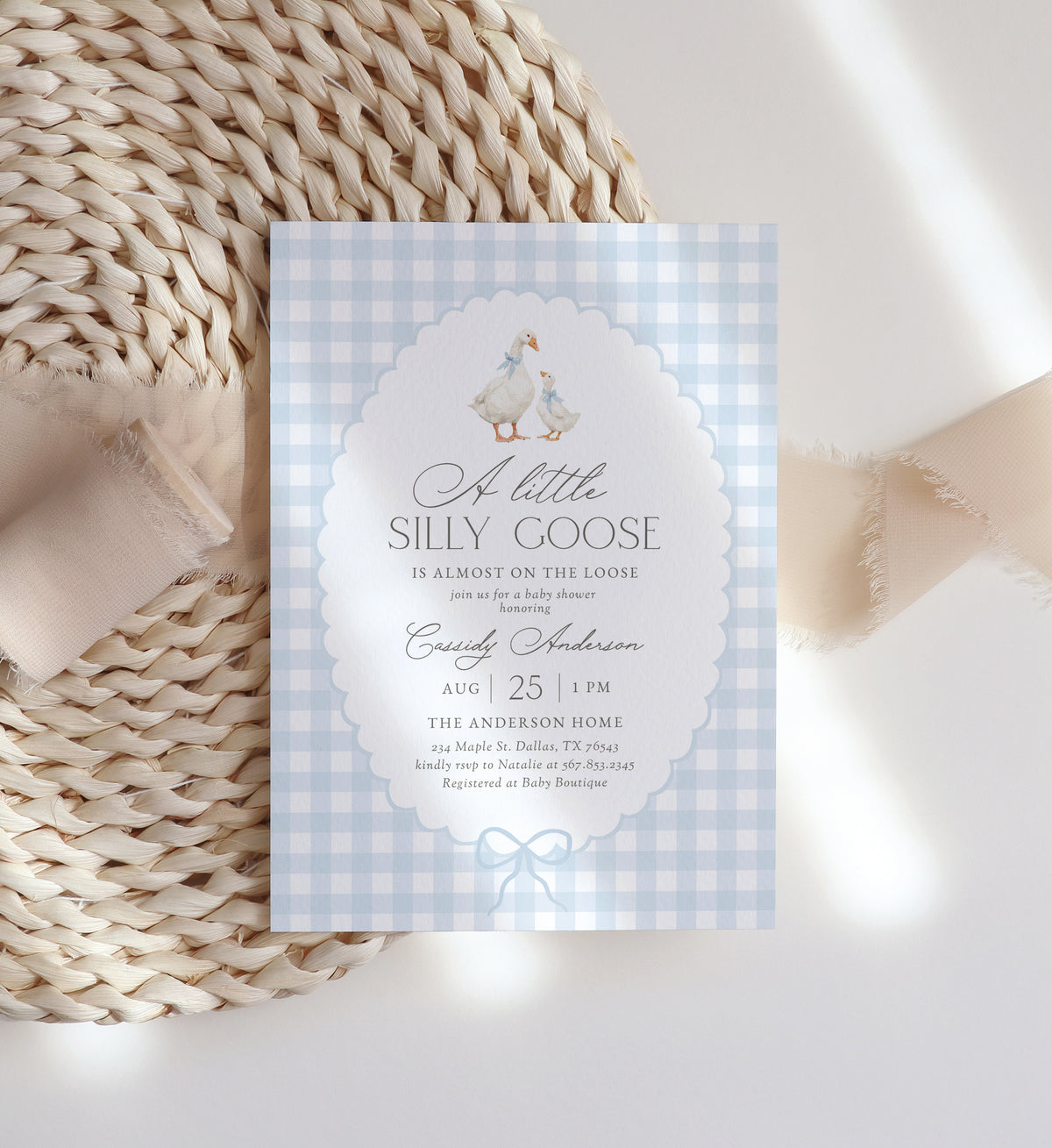 Blue Gingham Goose Baby Shower Invitation