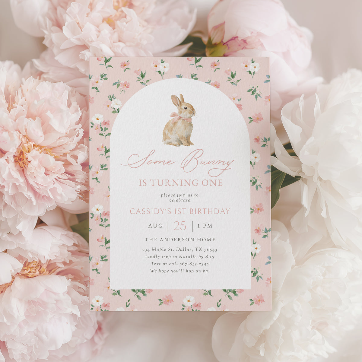 Pink Floral Bunny Birthday Invitation