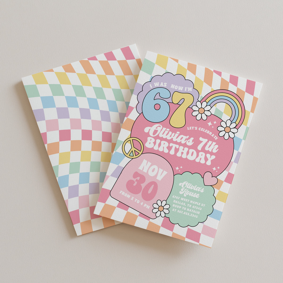 Retro Rainbow 67 Birthday Invitation