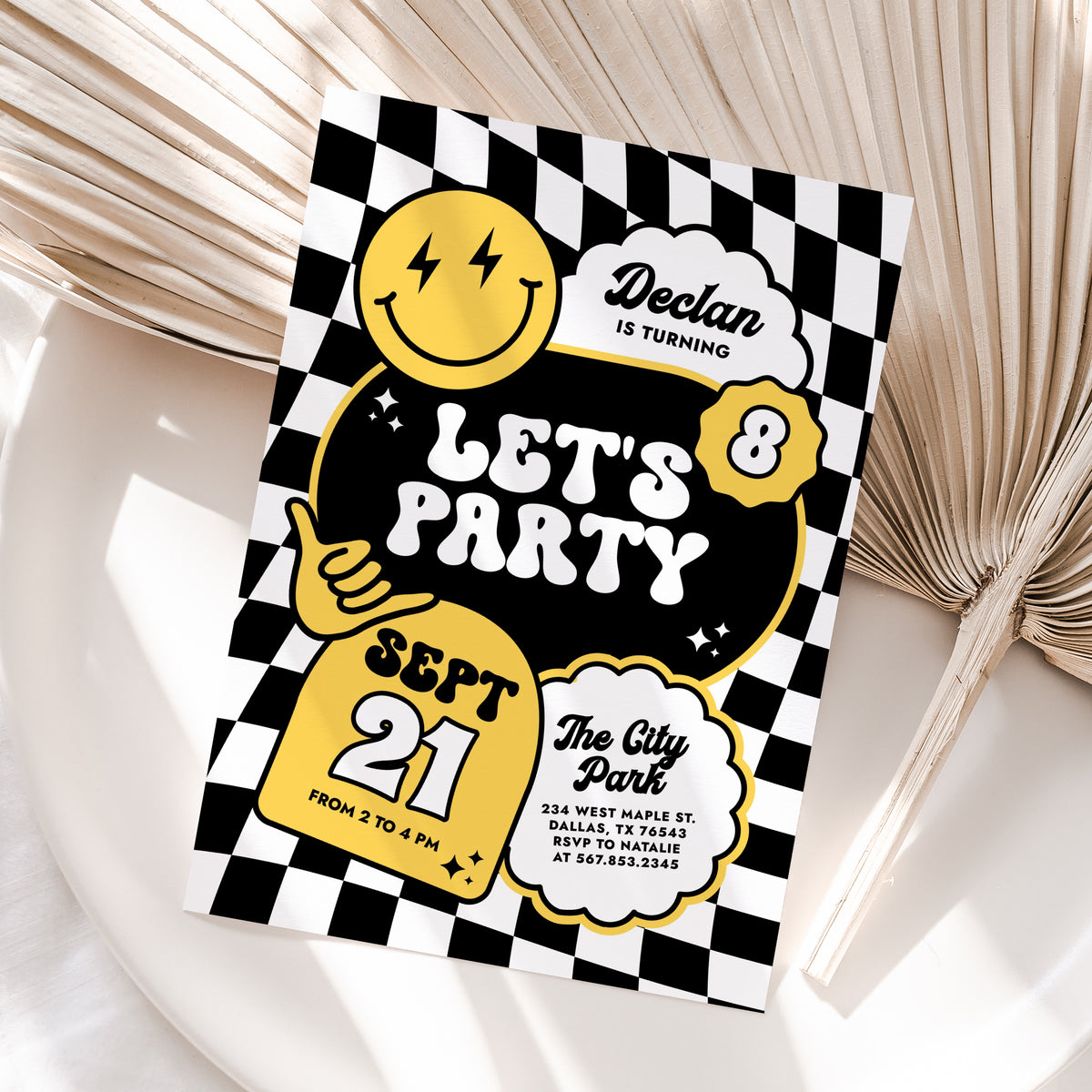 Black and Yellow Checker Smile Face Birthday Invitation