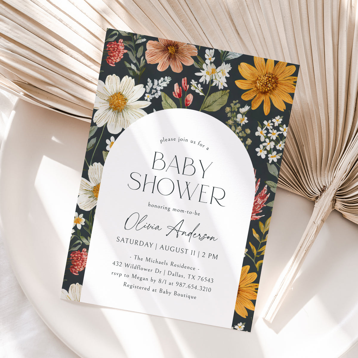 Dark Wildflower Baby Shower Invitation