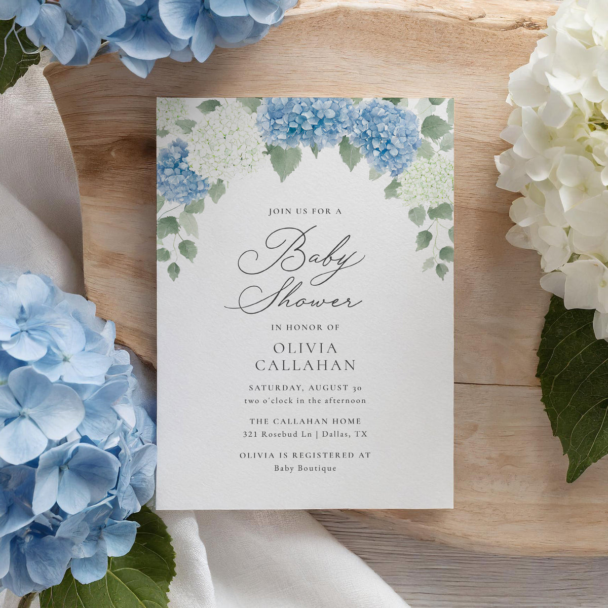 Blue Hydrangea Baby Shower Invitation