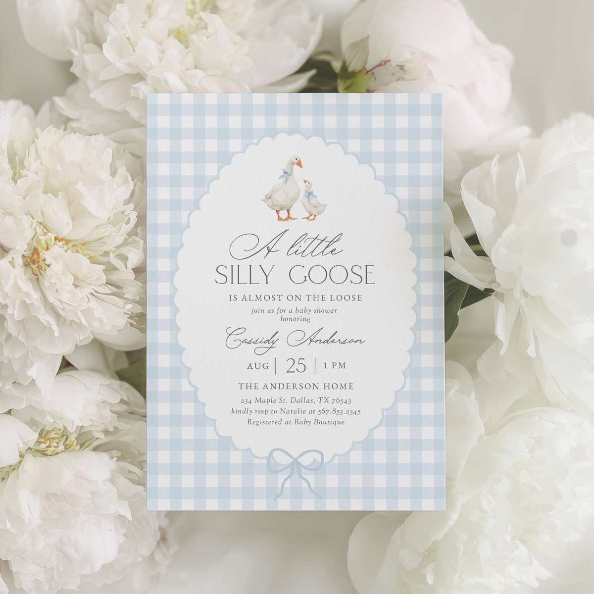 Blue Gingham Goose Baby Shower Invitation