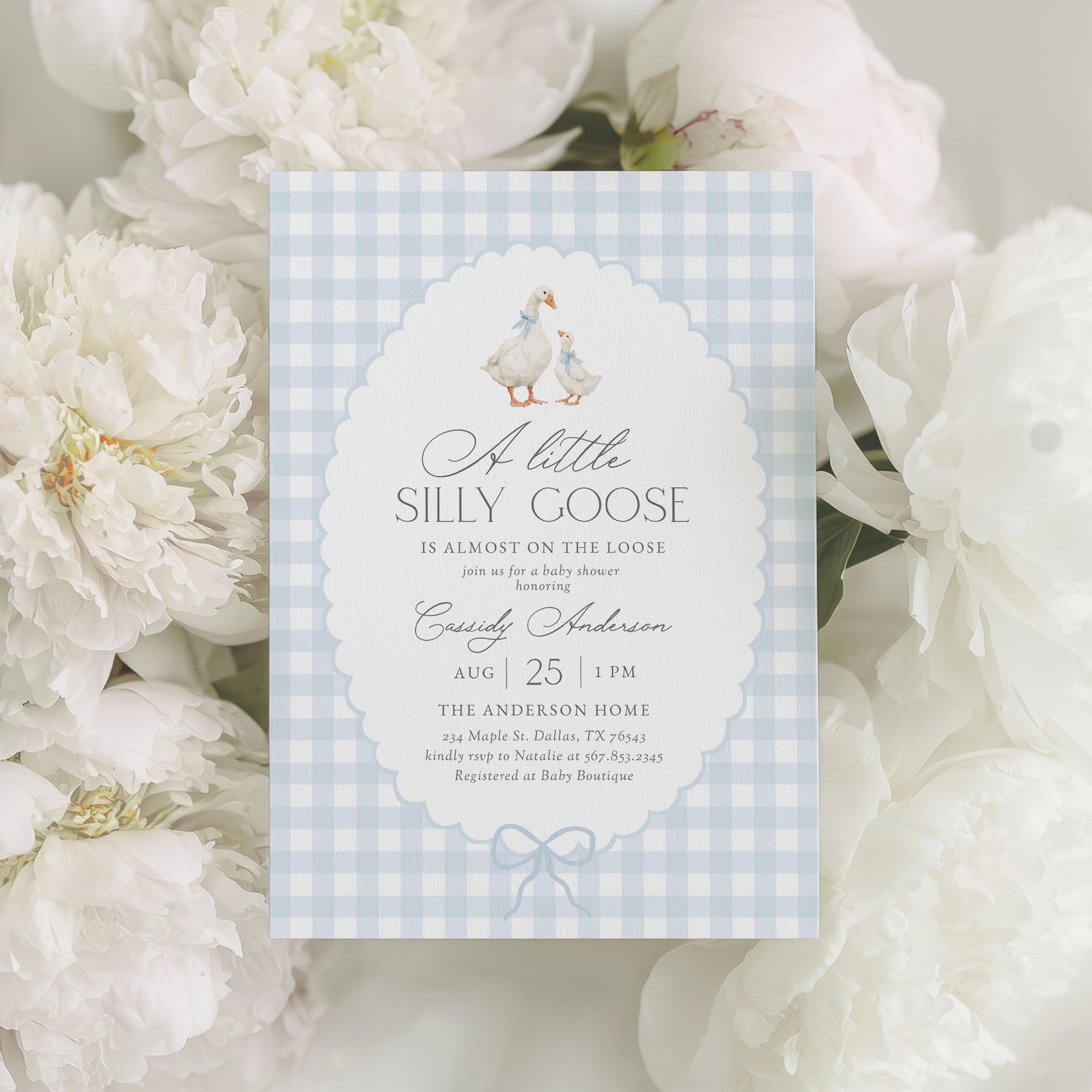 Blue Gingham Goose Baby Shower Invitation