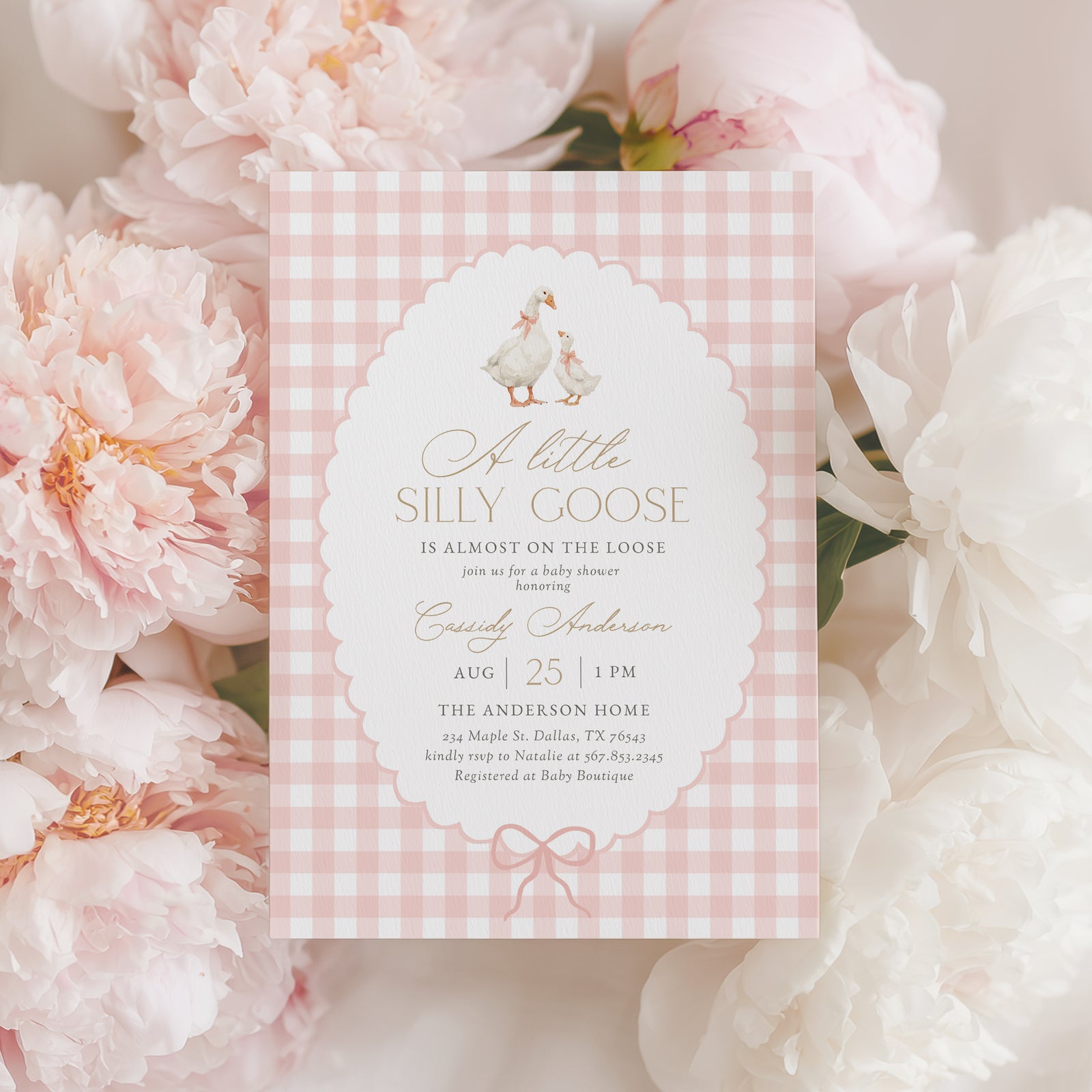 Pink Gingham Goose Baby Shower Invitation