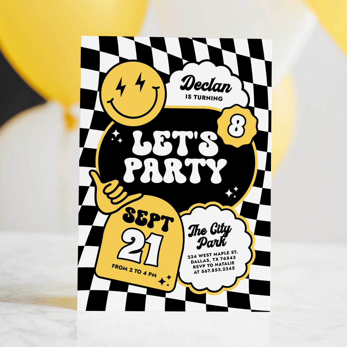 Black and Yellow Checker Smile Face Birthday Invitation