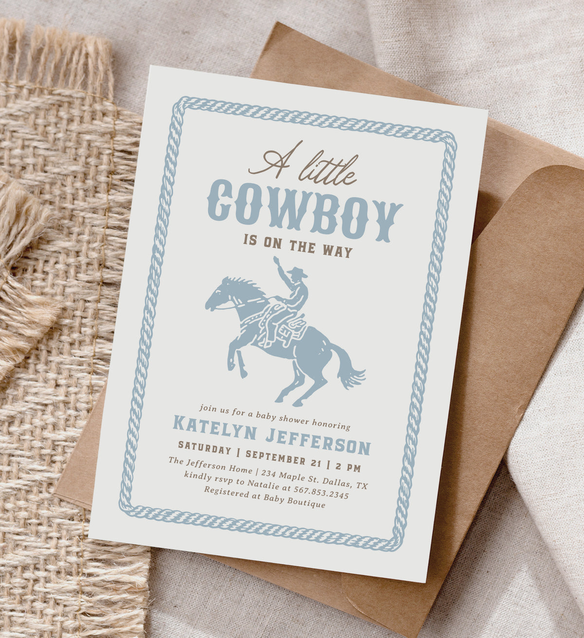 Blue Cowboy Baby Shower Invitation