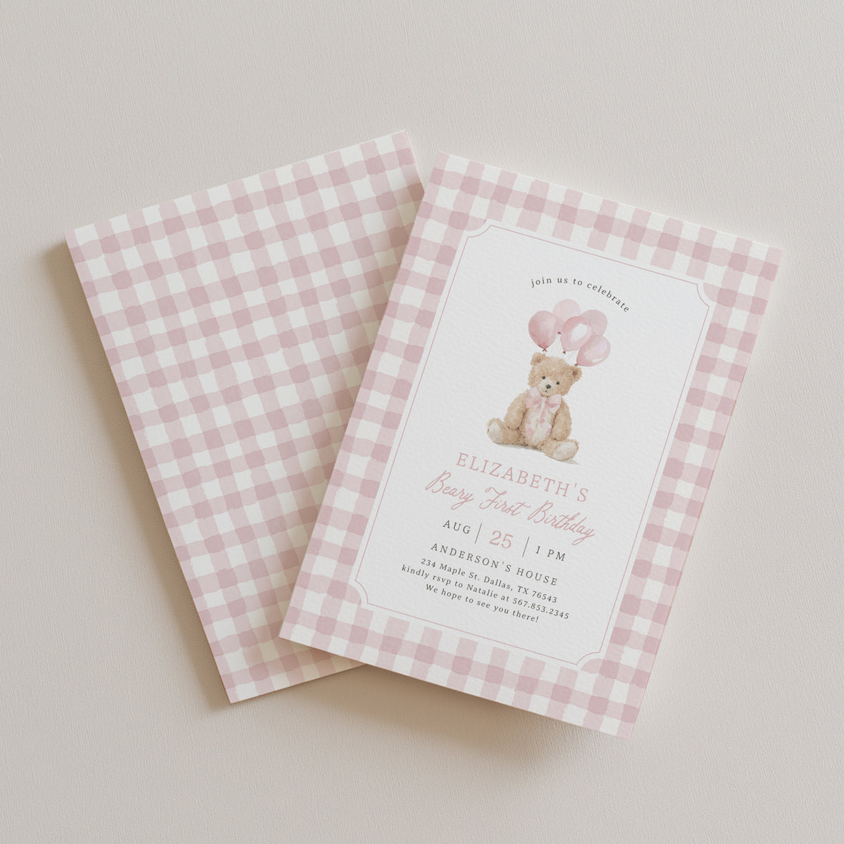 Pink Gingham Teddy Bear Birthday Invitation