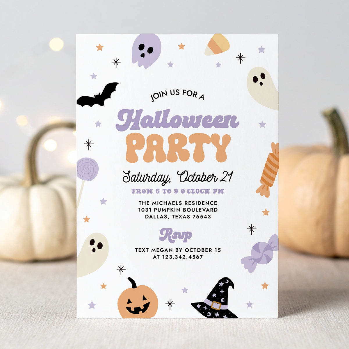 Purple and Orange Retro Halloween Party Invitation