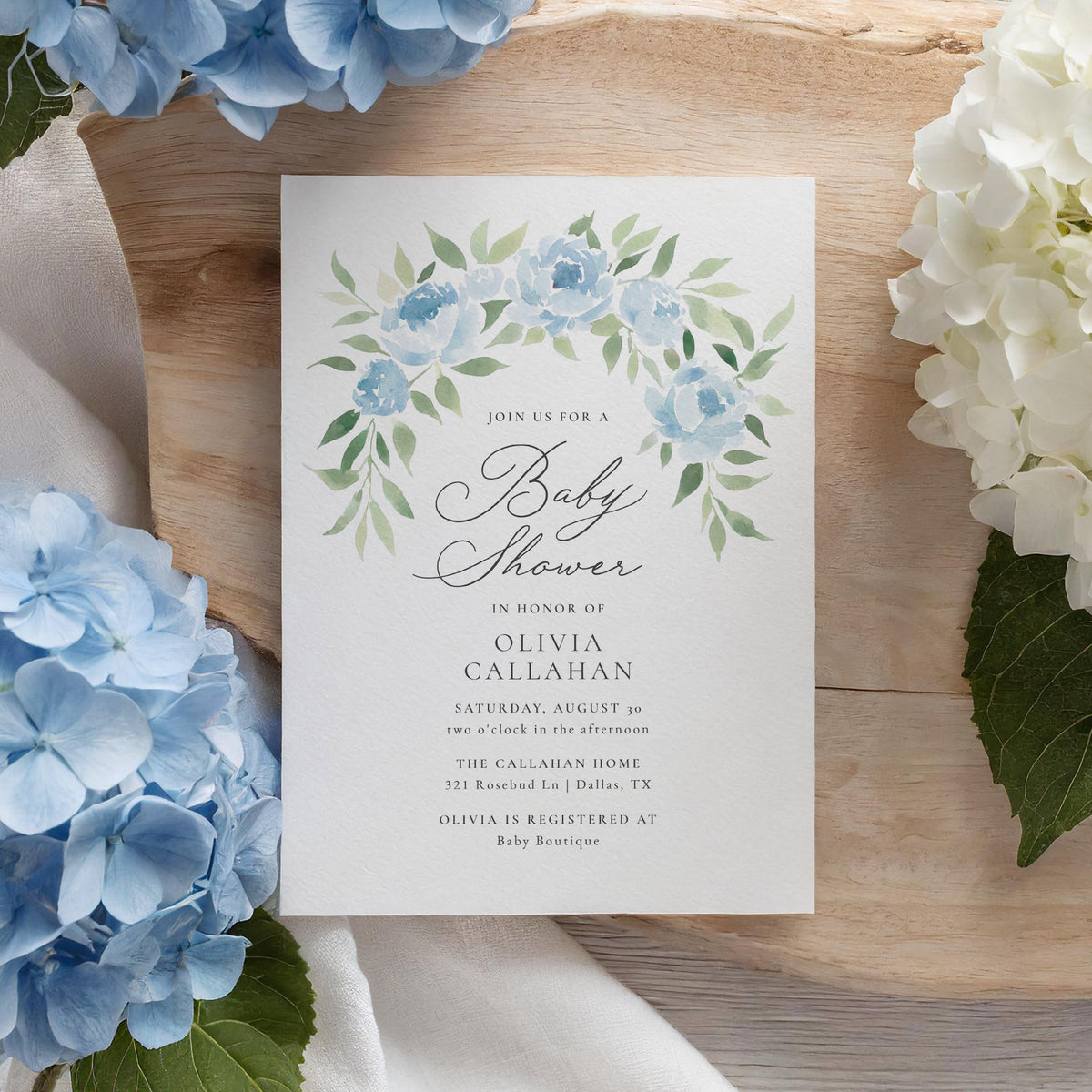 Blue Floral Arch Baby Shower Invitation