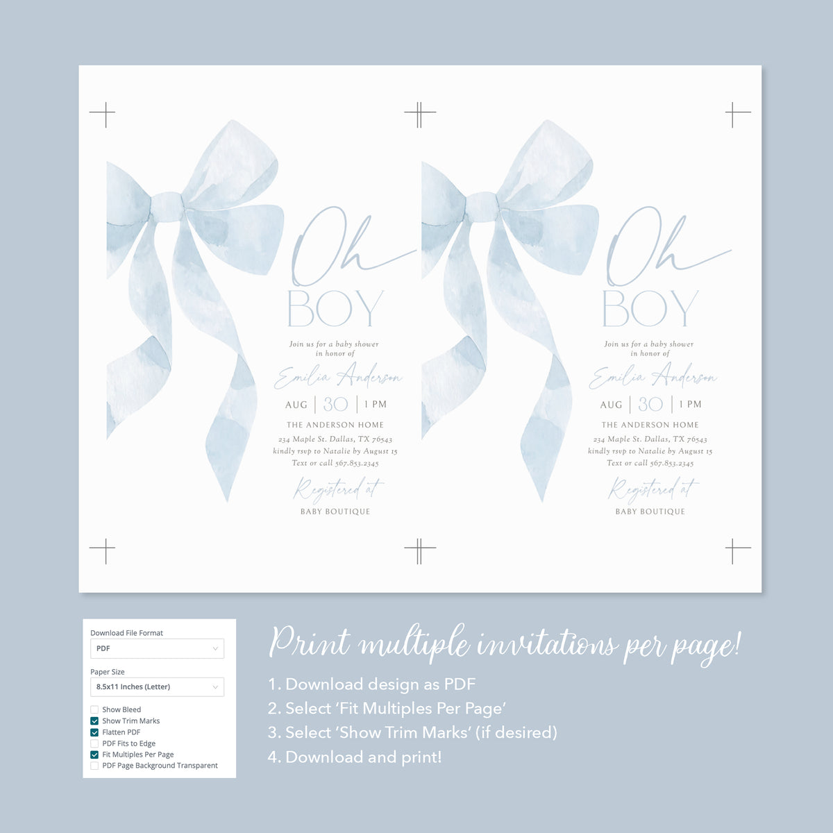 Blue Bow Baby Shower Invitation