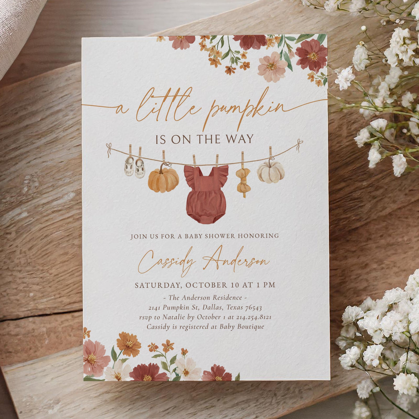 Burgundy Floral Little Pumpkin Baby Shower Invitation