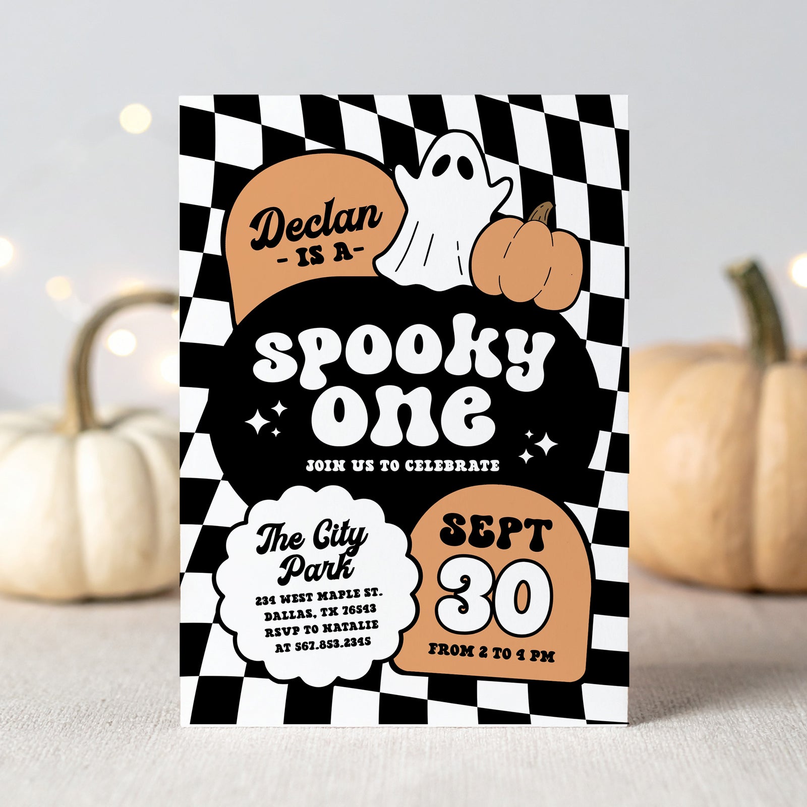 Orange Retro Checker Spooky One Halloween Birthday Invitation