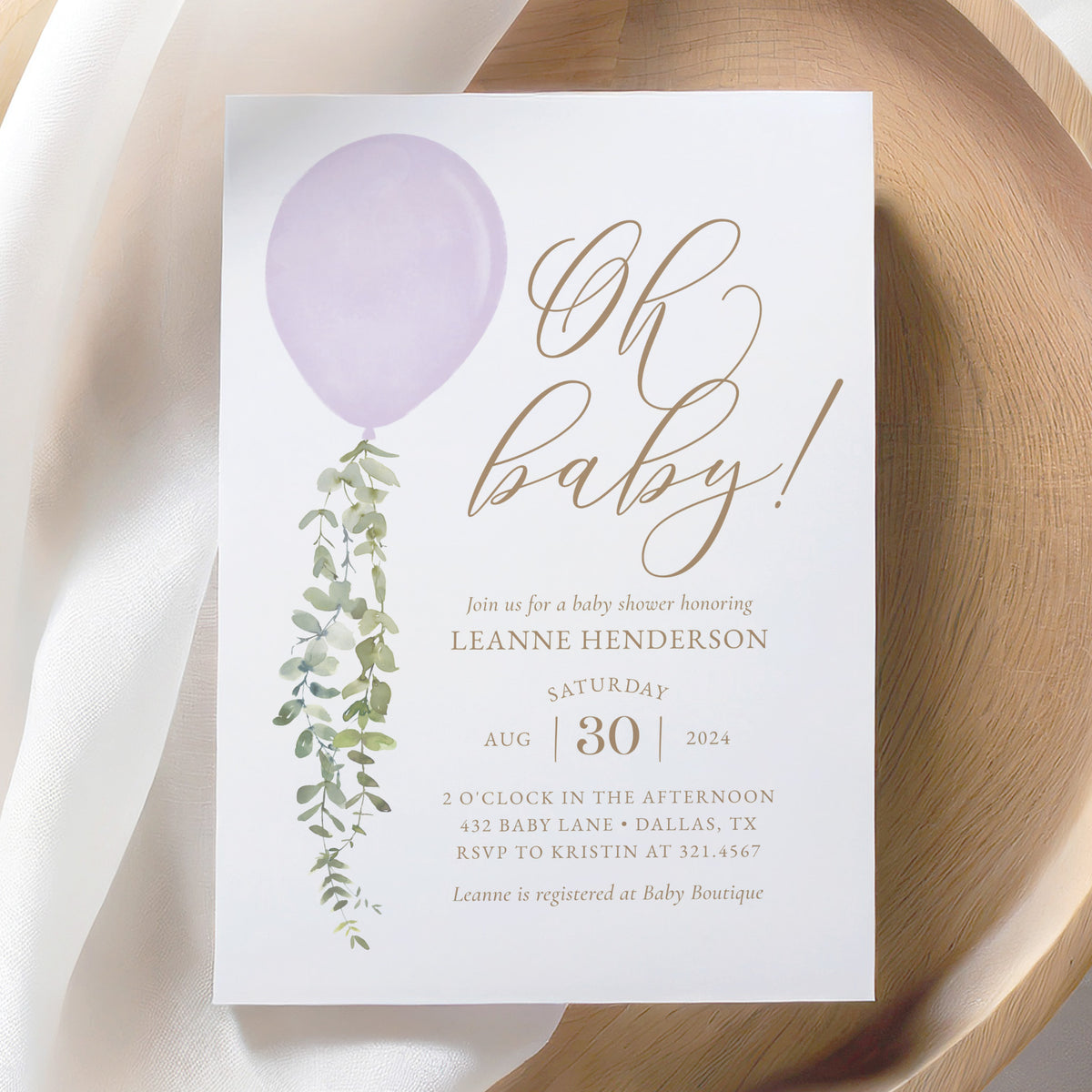 Purple Balloon Baby Shower Invitation Template