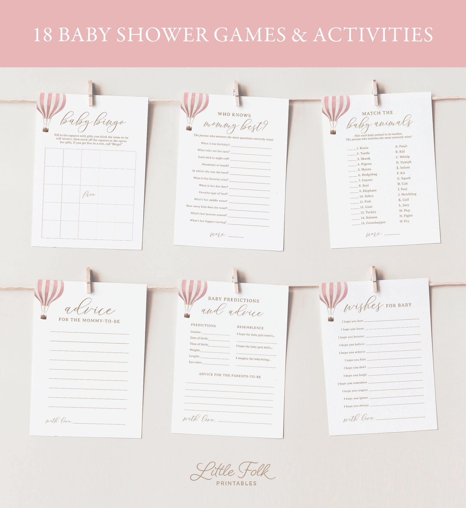 Editable Pink Hot Air Balloon Baby Shower Games Bundle