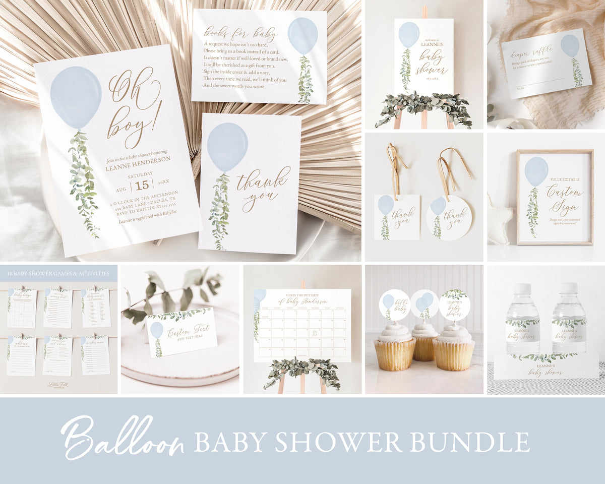 Editable Blue Balloon Baby Shower Invitation Bundle
