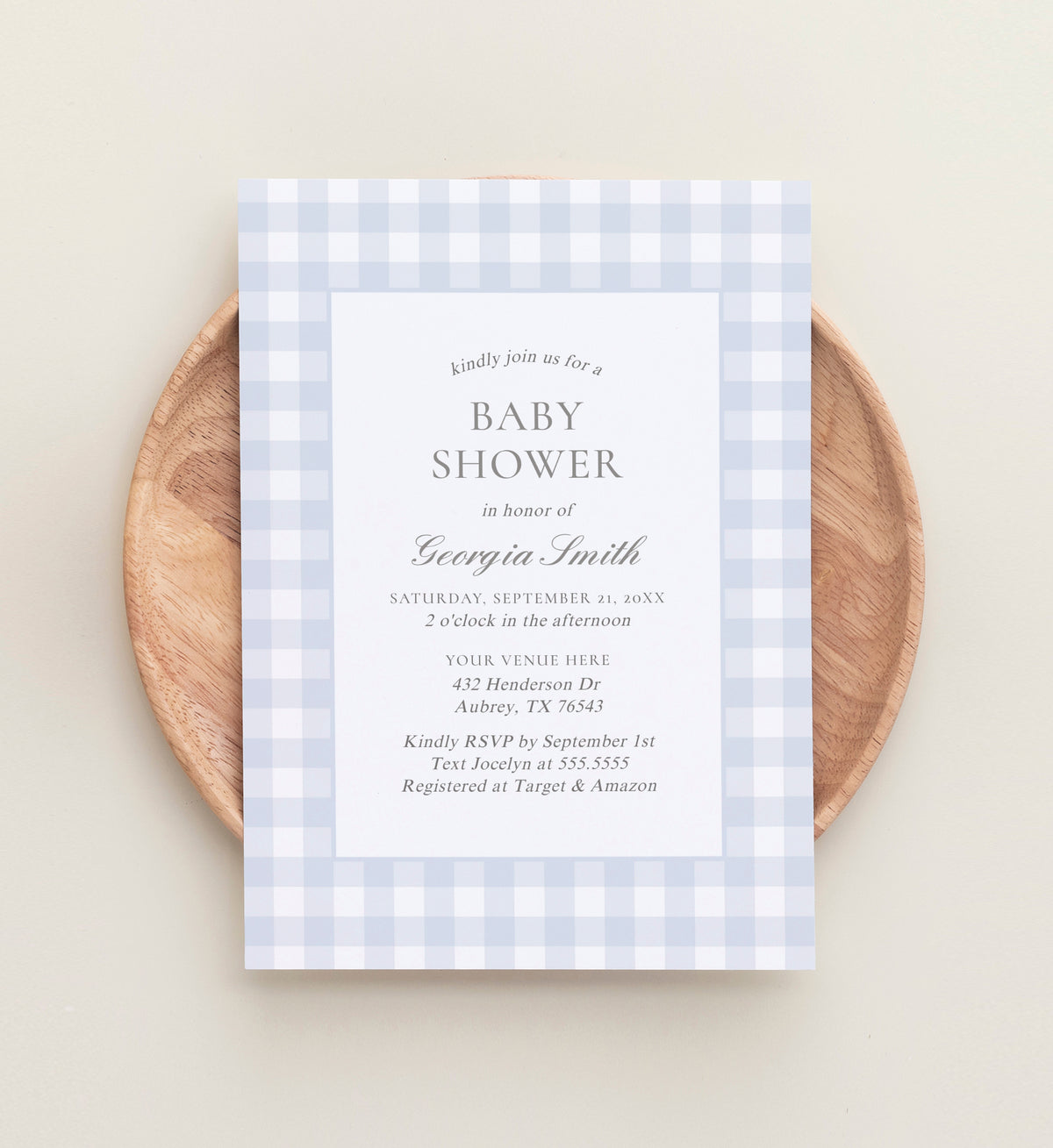 Editable Blue Gingham Baby Shower Invitation Template