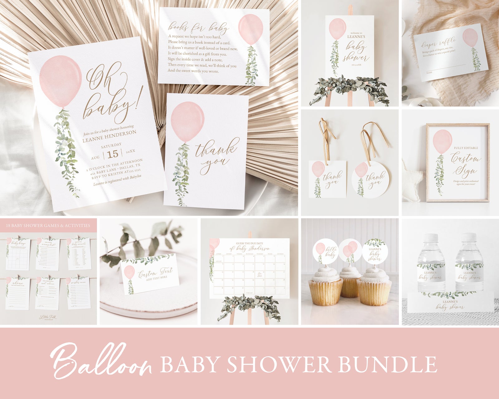 Editable Pink Balloon Baby Shower Invitation Bundle
