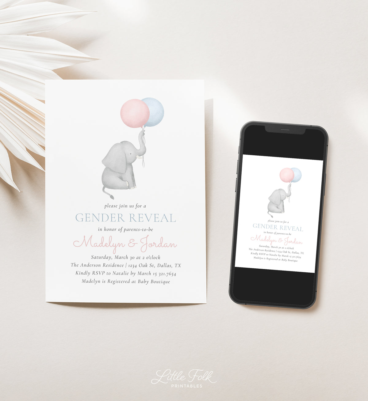 Editable Elephant Gender Reveal Invitation Template