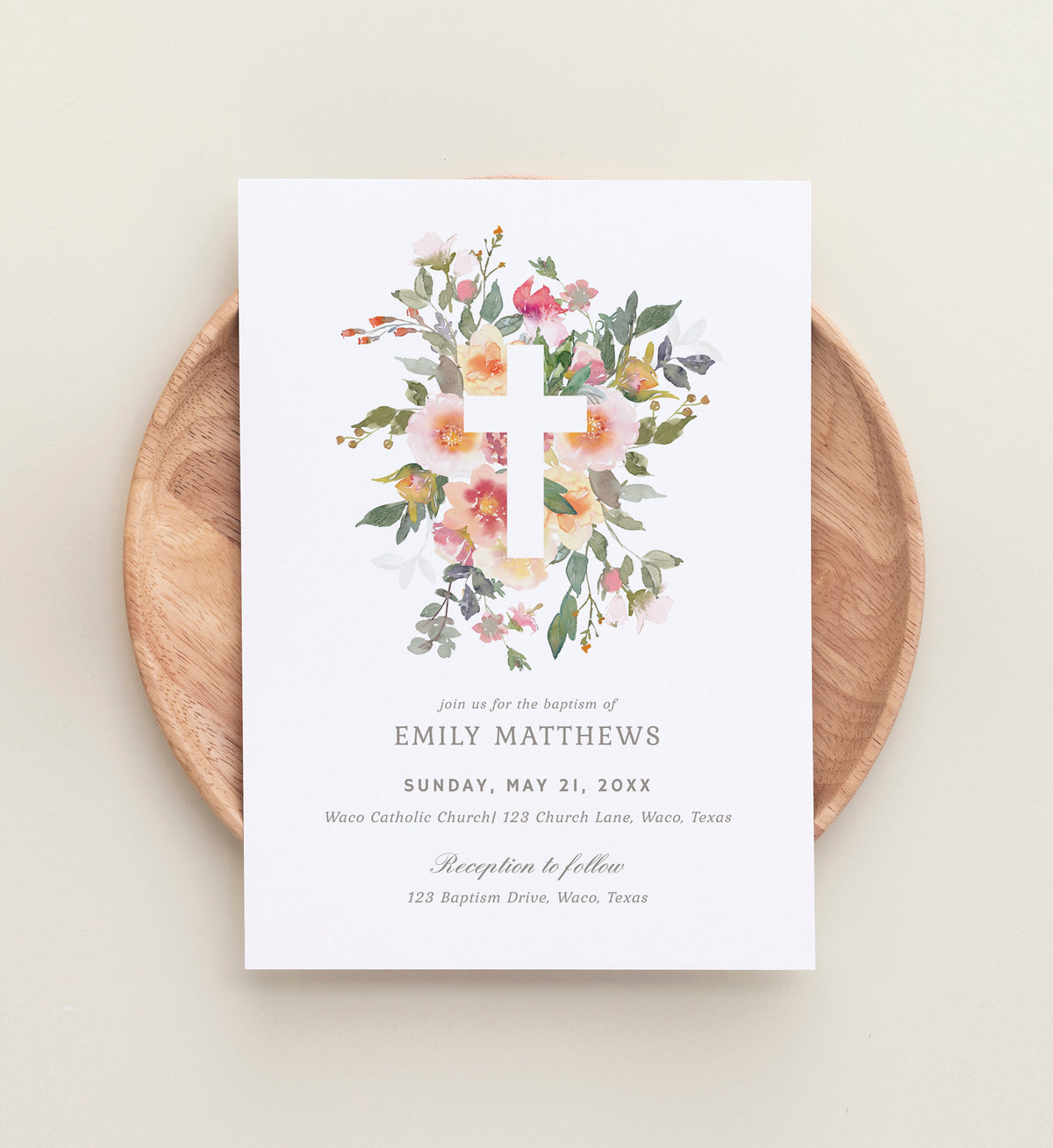 Editable Floral Cross Baptism Invitation Template