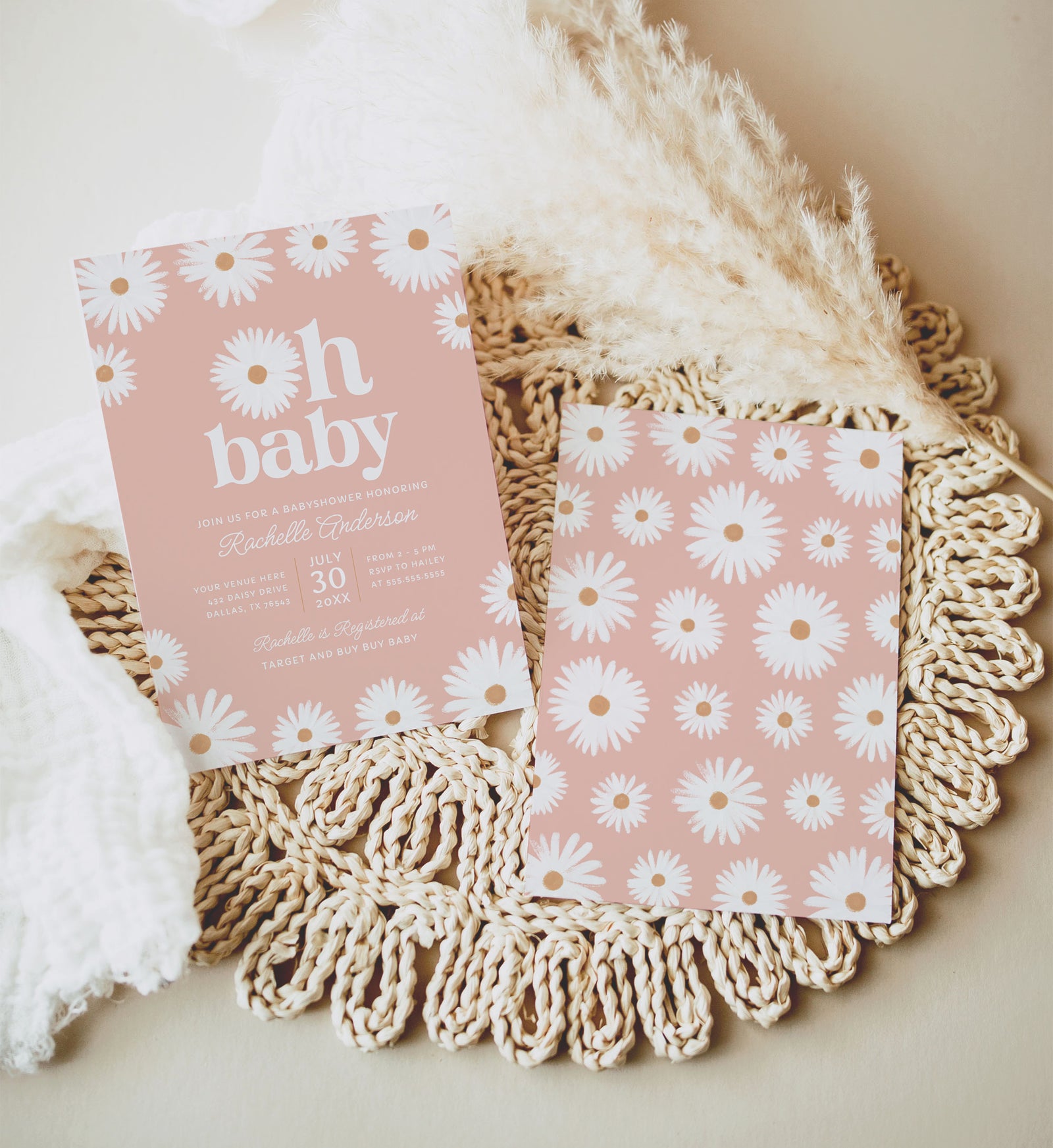 Oh Baby Pink Daisy Baby Shower Invitation Template