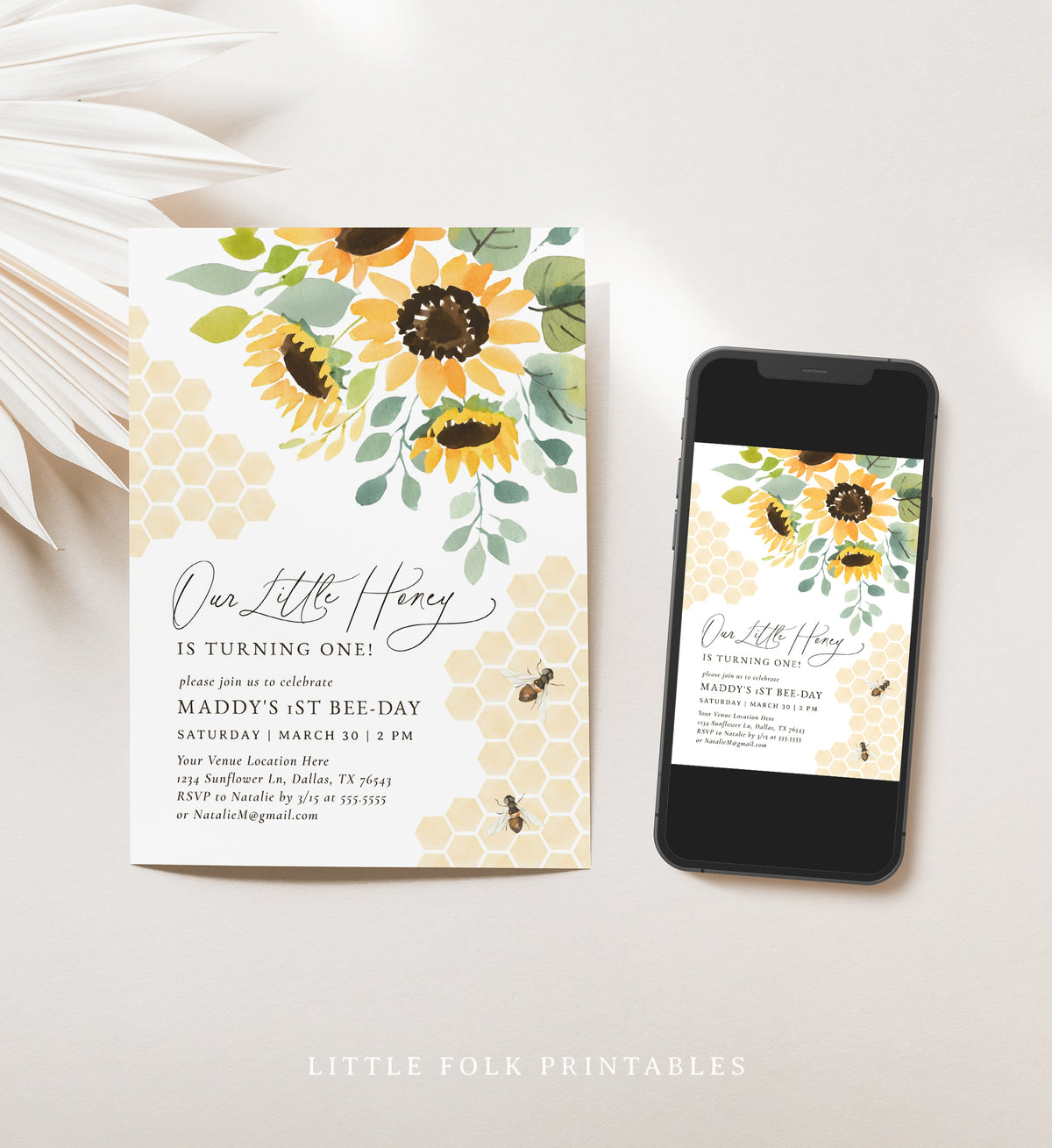 Editable Little Honey Bee 1st Birthday Invitation Template