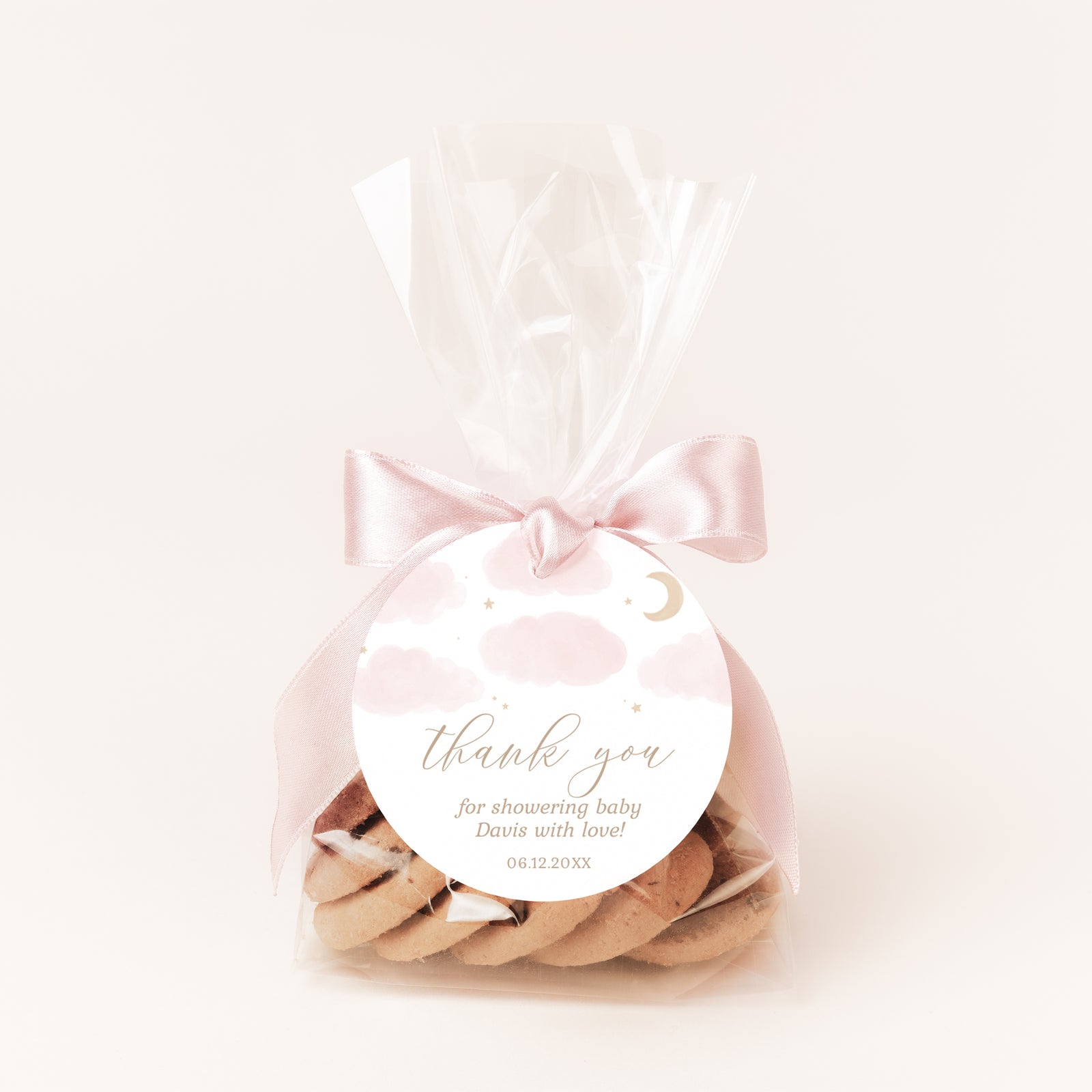 Editable Pink Moon and Stars Baby Shower Round Favor Tag Template
