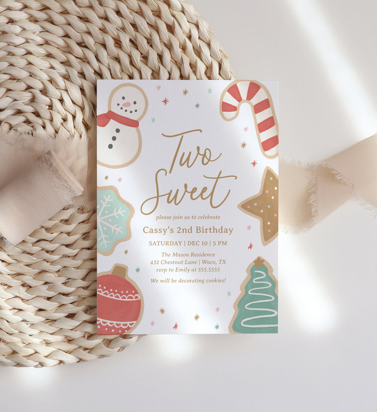 Editable Two Sweet Christmas Cookie Birthday Invitation Template